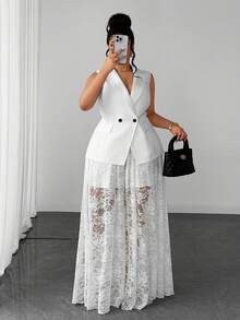 Maweii Plus Size Luxury White Sleeveless Blazer Vest Lace Skirt 2 Pieces Set Wedding Brunch Graduation Business Office Summer Casual Elegant - White - View 4