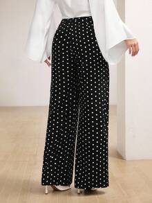 Graceveil Polka Dot Print Wavy Hem Elegant Fashionable French Style Long Pants - Black - View 2