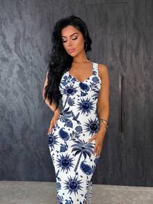Vassilux Women's Mid-Length Dress,White Floral,Summer,Boho,Holiday,Vacation,Holiday Sun God Navy Blue Line Art Print,Elegant Retro,Casual Minimalist Party - Multicolor - View 4