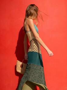 Nöista Vestido Maxi con Bloques de Color y Tirantes de Espagueti con Estampados Mixtos en Paneles de Patchwork, Suave y Elástico - Multicolor - Ver 7