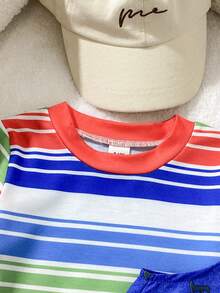 SHEIN Playful Pals 2件組男嬰春秋款藍色拼接條紋長袖T恤與工具印花吊帶褲，寬鬆舒適，適合日常穿著、學校活動、戶外玩耍、家庭聚會與拍照 - 藍色 - 查看 7