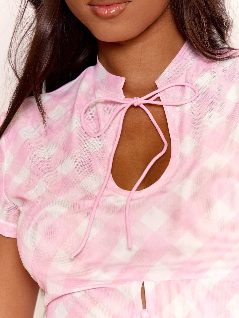 Pink Gingham Mesh Cap Sleeve Keyhole Hook Eye Cut Out Crop Top