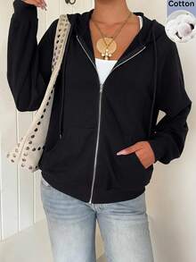 SHEIN EZwear Zip Up Raglan Sleeve Drawstring Hoodie,Long Sleeve Tops In Autumn/ Back-To-School School Black Casual - Black - View 1