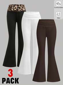 Girlism Tween Girl Tween Girls 3pcs Spring/Summer New Fashion Casual Brown & White Leopard Print Waistband Solid Color Patchwork Leopard Print Flare Leggings Set, Elastic Waistband, Fitness Sports Flare Leggings, American Retro Versatile - Brown - View 3