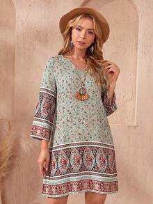 Rusticease Plus Size Patterned Midi Dress,Fall Women Clothes - Mint Green - View 7