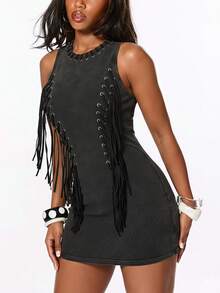 ROMWE Grunge Punk Vestido mini ajustado con diseño de cordones y ojales lavados estilo punk para festival de música de verano - Negro - Ver 1