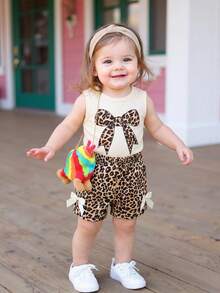 SHEIN Bộ đồ hè cho bé gái màu mơ và họa tiết da báo, gồm áo không tay có họa tiết và quần short họa tiết da báo với nơ màu mơ, trang phục thiết yếu hàng ngày. - Màu Khaki - Xem 3