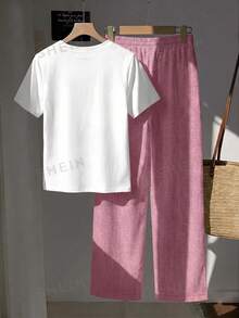 Muvela 2pcs Set Embroidered Round Neck Short Sleeve Top And Striped Print Pants, Casual - Pink - View 2