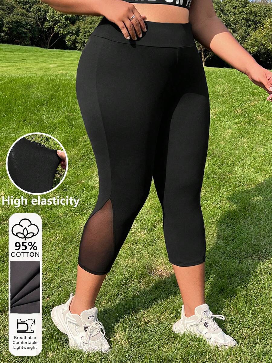 Muchica Plus Size Women's Solid Color High Waist Contrast Mesh 7/8 Length Leggings - Black - View 1