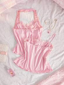 SweetSlumber Sweet Romantic Contrast Color Lace Bow Patchwork Ruched Comfortable Jacquard Knit 2pcs Women's Pajama Top - Pink - View 2
