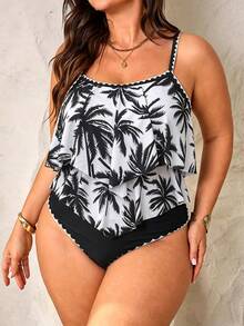 Swim Lushoire Setelan 2pcs Wanita Ukuran Plus Motif Pohon Kelapa, Atasan Tali Bahu Tipis dengan Hiasan Ruffle dan Celana Panjang Pinggang Tinggi dengan Hiasan Ruffle, Liburan Musim Panas di Pantai, Warna Putih - Hitam dan Putih - View 3