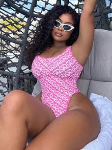 Alexandranx 夏季 1 件裝女款時尚鏈條印花無袖連身泳衣 粉色 - 粉色 - 查看 1