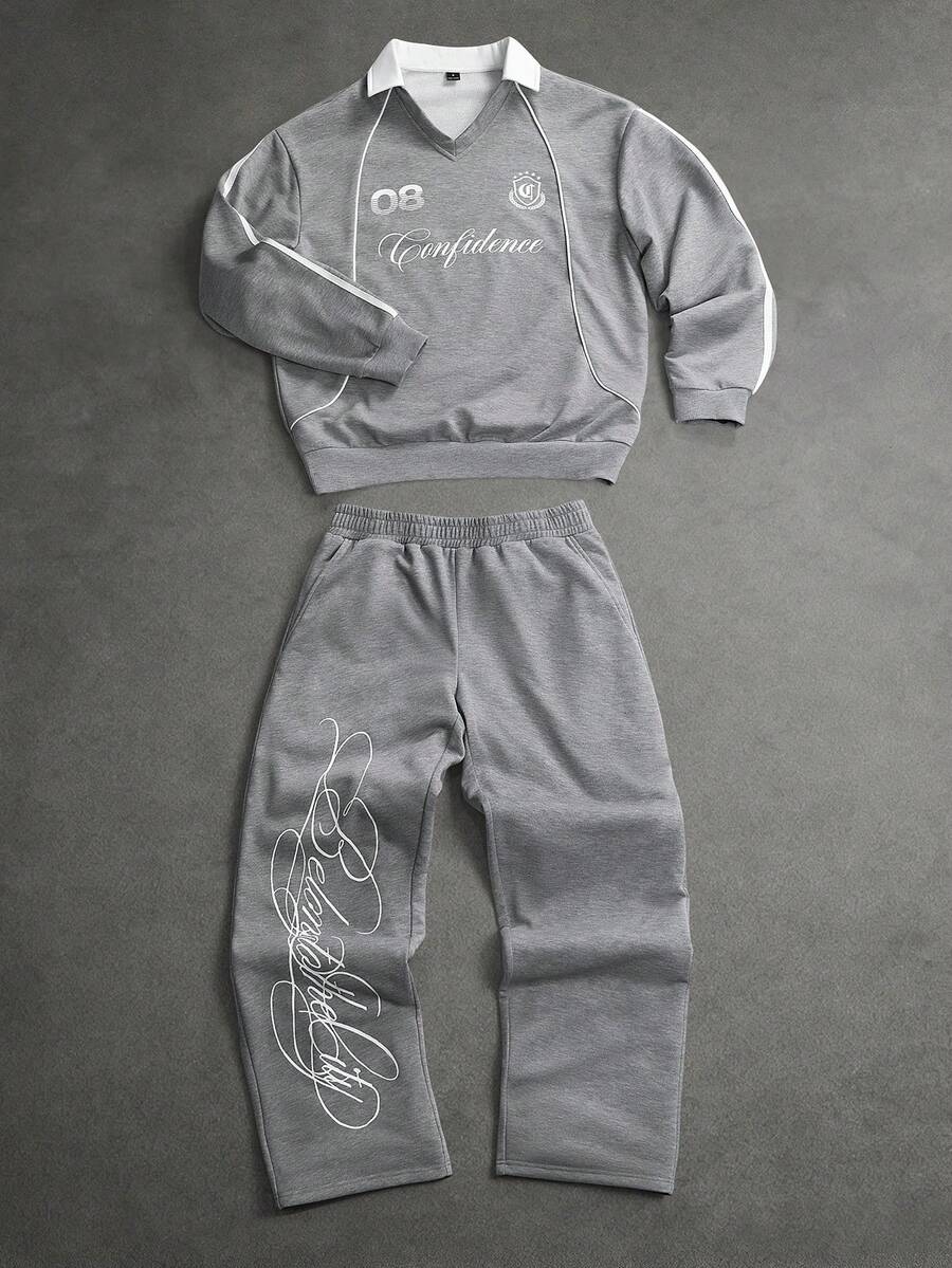 SLATEMANN Men's Letter Print Pullover Sweatshirt & Sweatpants Set - Grey - View 1