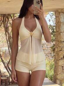 Sunnyshic Swim Chic 優雅細肩帶分體式比基尼泳衣，金屬裝飾網布拼接度假風比基尼套裝，海灘夏季款 - 淡黃色 - 查看 3