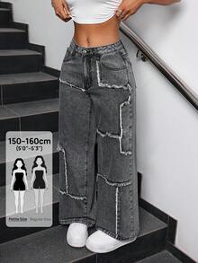 SHEIN PETITE Women's Loose Fit Wide Leg Jeans With Patchwork And Frayed Hem ,Petite Women - Black - View 1