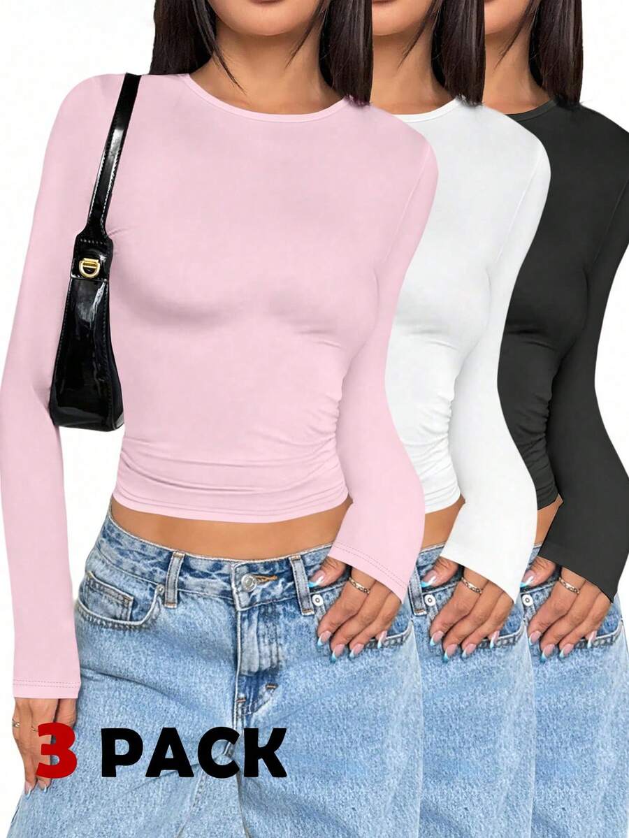 SHEIN 青少年女孩 T-shirt 百搭休閒貓咪印花 3 件組 高領長袖保暖內層底層 - 彩色 - 查看 1