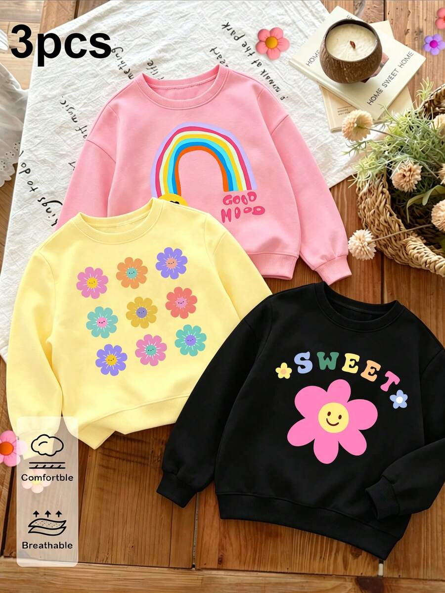 3件組幼女彩色花卉彩虹字母印花休閒圓領衛衣,舒適日常穿著 - 彩色 - 查看 1