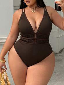 Swim SXY 女款大尺碼豹紋深V領性感連身海灘度假泳衣 - 咖啡棕 - 查看 10