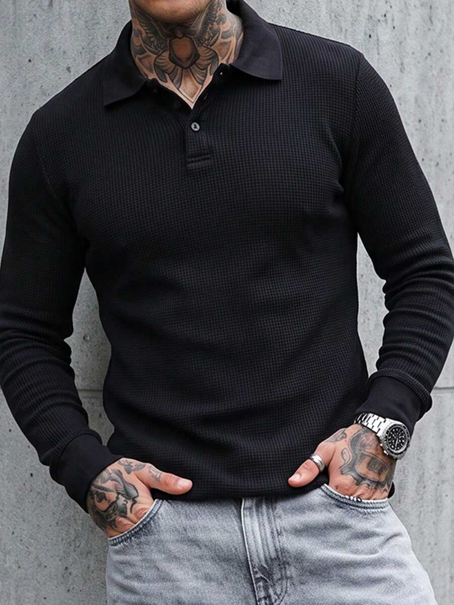 Manfinity CasualCool 男士休閒百搭純色長袖 Polo 衫 - 黑色 - 查看 1