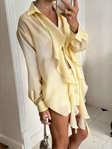 Serisse Setelan 2 Potong Wanita: Kemeja Lengan Panjang Model Bahu Longgar Warna Polos dan Celana Pendek dengan Hiasan Ruffle - Angsa kuning - View 4