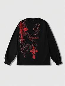 ROMWE MEN Goth 男士華夫格面料哥德十字印花套頭運動衫，適合秋冬日常穿著 - 黑色 - 查看 4