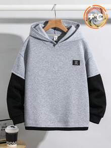 SHEIN 兒童青少年男孩極簡街頭風小字母貼布連帽二合一衛衣，長袖休閒學院風舒適時尚簡約實用百搭柔軟面料，適合日常穿著、上學、旅行、戶外運動，四季皆宜 - 灰色 - 查看 4