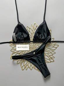 Swim Vcay Conjunto de traje de baño de dos piezas con copa triangular y cuello halter para vacaciones en la playa primavera/verano - Negro - Ver 2