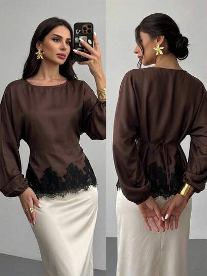 Firerie Women's New Minimalist Elegant Romantic Casual Urban Commute Elegant Fashion Versatile Coffee Brown Round Neck Batwing Long Sleeve Cinched Ruched-Up X-Shaped Regular Fit Blouse, Teacher Outfit, Spring Summer Autumn