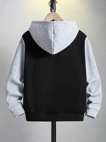 SHEIN 兒童青少年男孩休閒學院風拼色連帽外套，舒適梭織布料，適合學校、花園、海灘、生日，春夏秋冬四季穿著，黑色、棕色 - 黑色 - 查看 3