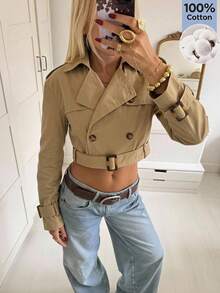 SHEIN EZwear 純色腰帶翻領短款風衣 - 卡其色 - 查看 13
