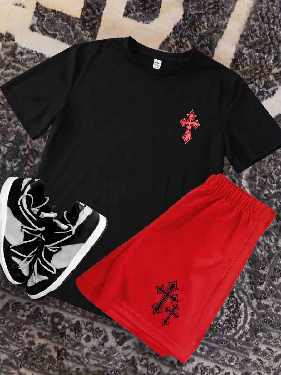 2件套青少年男童休闲十字印花短袖圆领T恤和短裤套装，街头朋克摇滚校园风，户外派对，音乐节
