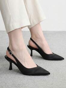 CUCCOO BIZCHIC 春夏新款尖頭細高跟中跟黑色布面女鞋，舒適百搭，優雅氣質，亮面低楦頭後跟加高 - 黑色B - 查看 1