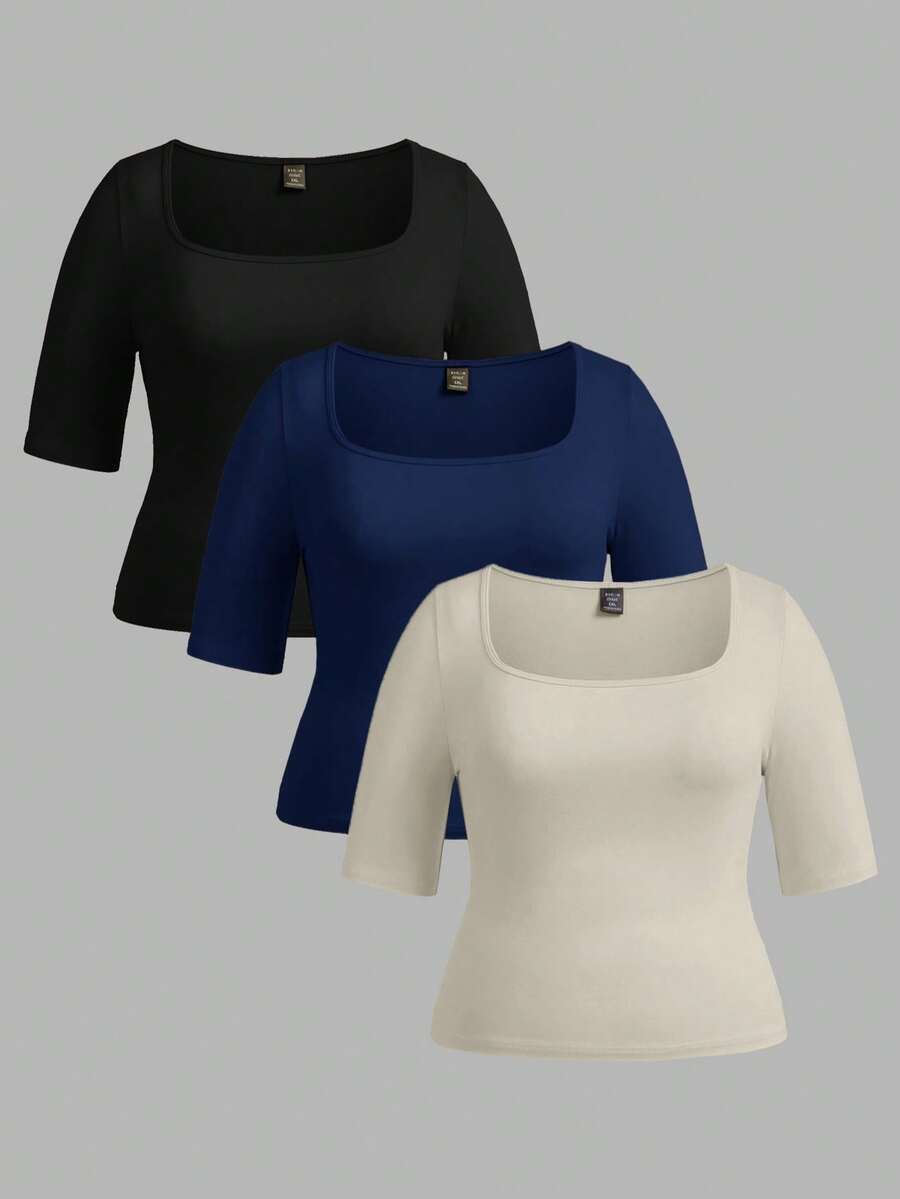 SHEIN BASICS 3件裝休閒純色針織方領短袖修身大尺碼T恤 - 彩色 - 查看 1