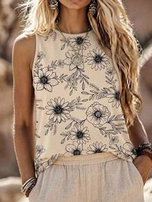SHEIN LUNE Summer Vacation Floral Printed Sleeveless Round Neck Casual Jumpsuit For Women - Khaki - View 7