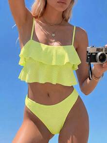 Swim Mod Conjunto de bikini de volantes con estampado floral y rayas para vacaciones de verano de mujer - Amarillo - Ver 6