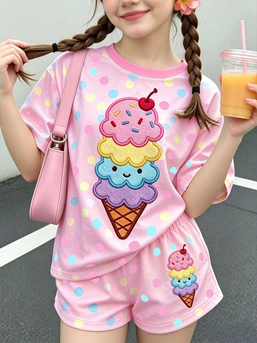 少女休閒極簡可愛夏季冰淇淋圖案,彩色波點印花,甜奶油風,度假風,短袖與短褲兩件套,適合夏季,圖案設計,舒適,女孩套裝,Y2K,卡哇伊 - 彩色 - 查看 1