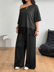 Coolane Plus Size Asymmetric Neck Lace Patchwork Top And Drawstring Waist Loose Pants 2-Piece Set - Black - View 4