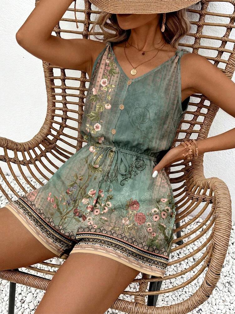 SHEIN Frenchy Women's Jumpsuit Casual Minimalist Vacation Bohemian Elegant Romantic Vintage Dusty Green Distressed Print Pattern Women's Commute Outfit, Music Festival, Beach Outfit, Vacation Outfit, Women's Summer Outfit - Multicolor - View 4