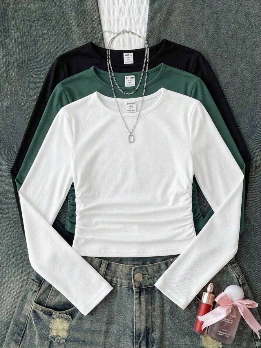 3pcs/Set Tween Girls' Solid Color Round Neck Ruched Long Sleeve T-Shirt Base Layering Top Set, Fall Winter - Green - View 1