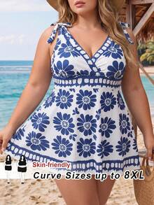 SHEIN CURVE+ 2026夏季歐美新款度假印花優雅大尺碼兩件式裙裝套裝 - 藍白色 - 查看 1