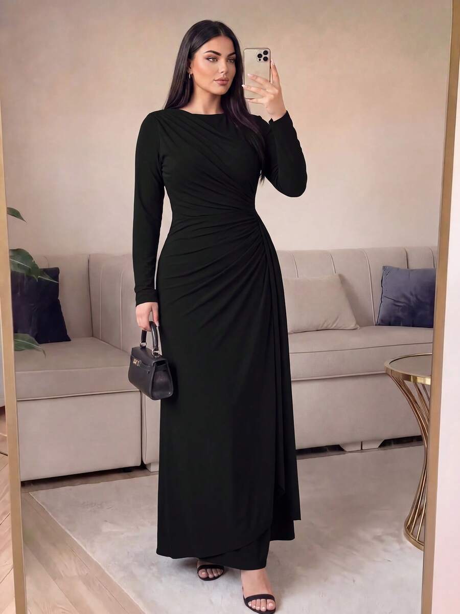 SHEIN Lady CURVE Plus Size Women's Elegant Long Sleeve Pleated Dress, Yellow, Autumn/Winter Fall - Black - View 1