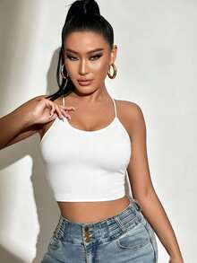 SHEIN Allurite 女款素色後背繫帶設計修身細肩帶背心上衣 - 白色 - 查看 5