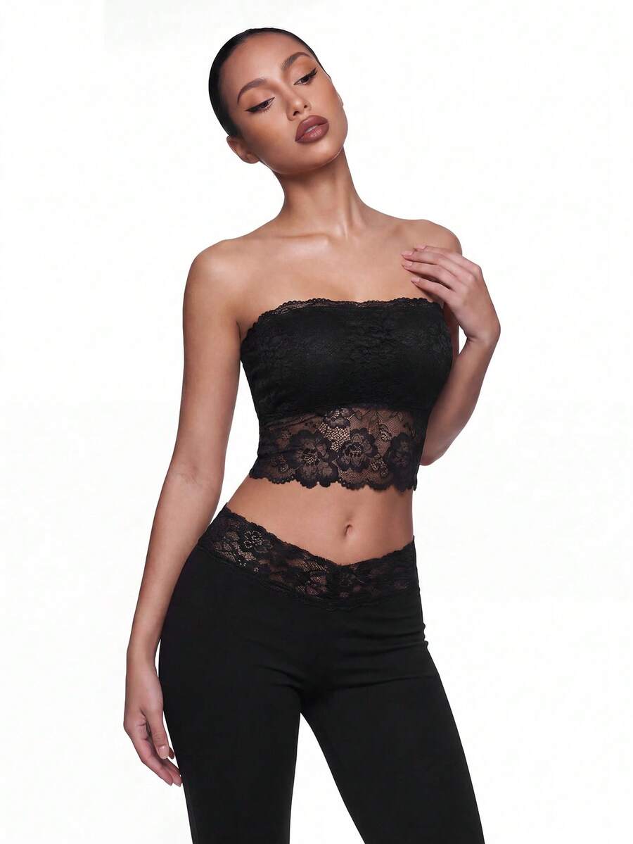 SHEIN ICON 性感蕾丝抹胸上衣 - 黑色 - 查看 1
