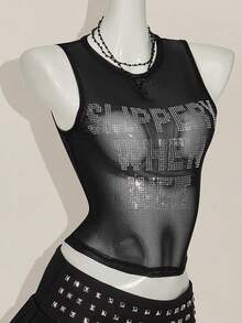 SHEIN ICON Y2k 夏季黑色网纱透视性感水钻亮片女士水钻字母网纱露背紧身吊带背心 - 黑色 - 查看 7