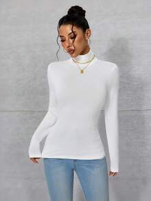 INAWLY High Neck Slim Fit Basic Tee Fall Cloth For Women - White - View 4