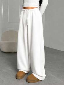 SHEIN Tween Girl Tween Girls Autumn And Winter Plus Velvet Thickened Simple Drawstring Loose Sports Straight Pants - White - View 1