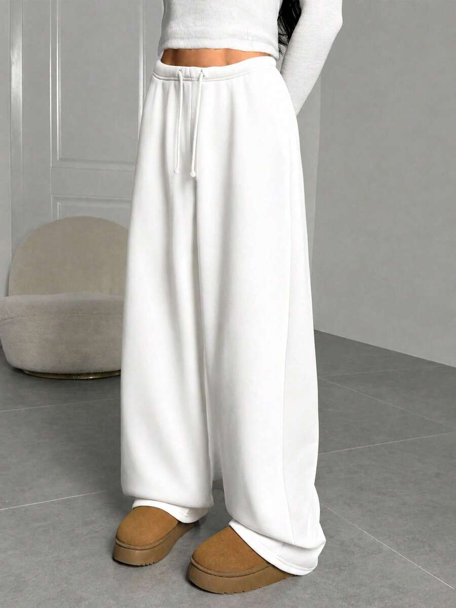 SHEIN Tween Girl Tween Girls Autumn And Winter Plus Velvet Thickened Simple Drawstring Loose Sports Straight Pants - White - View 1