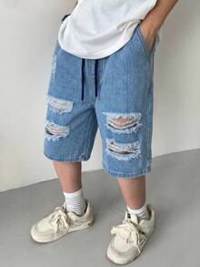 Tween Jungen Mode Casual Y2K Vintage Cool Straße Cut-Out zerrissene ausgefranste Basic einfach und bequeme Kordelzug Baumwolle elastischer Bund Jeans Shorts für den täglichen Gebrauch und Frühling bis Sommer Rave Festival und Streetwear - Blau - Übersicht 1