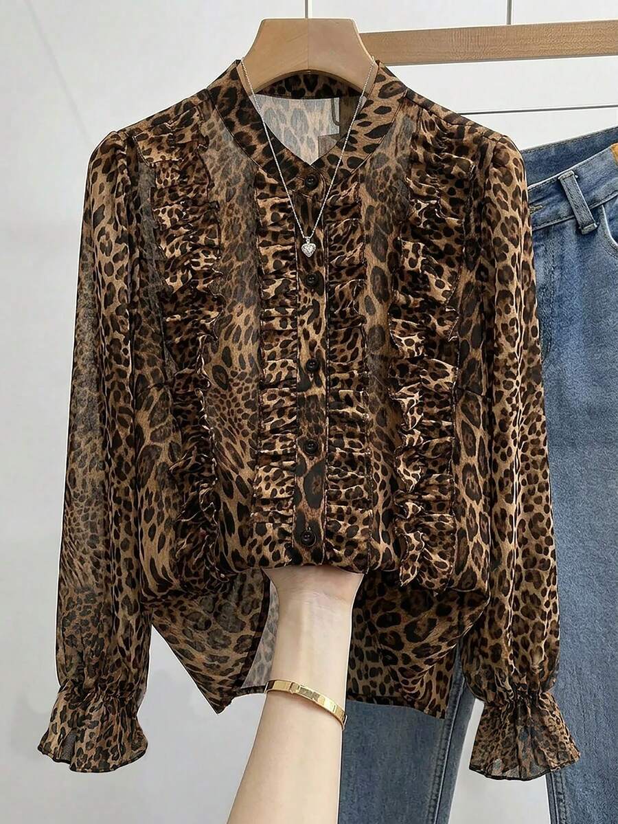GlowEve CURVE Plus Size New Leopard Print Chiffon Fabric Stand Collar Button-Down Shirt Long Sleeve With Lace Trim On Chest For Women Fall - Brown - View 1