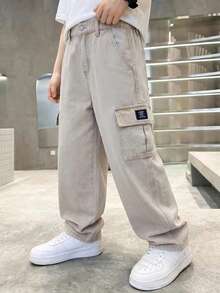 SHEIN Tween Boy Fashion Casual Vintage Y2k Basic Simple Mix And Match Loose Comfortable Straight Leg Jeans For Kids Clothes Boys Soft Dailywear And Kids Summer And Spring Clothes - Khaki - View 5